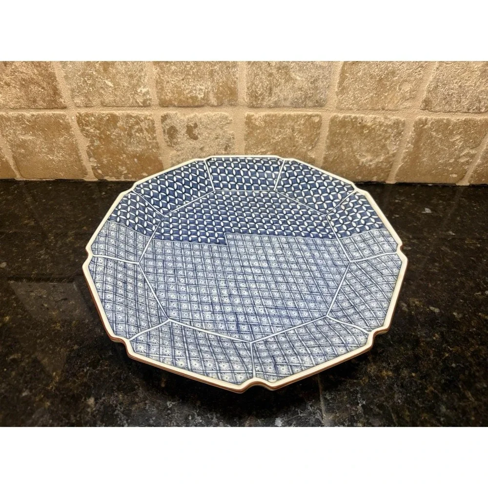 Vintage Blue & White Chinoiserie Japanese 9 Sided‎ Porcelain Platter 12